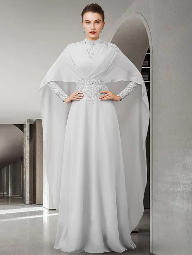 Wholesale A-Line Mother of the Bride Dress Elegant High Neck Chiffon Lace Long Sleeve with Pleats Appliques